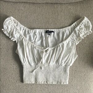 Kendall & Kylie White Smocked Crop Blouse with Ruffled Cap Sleeves